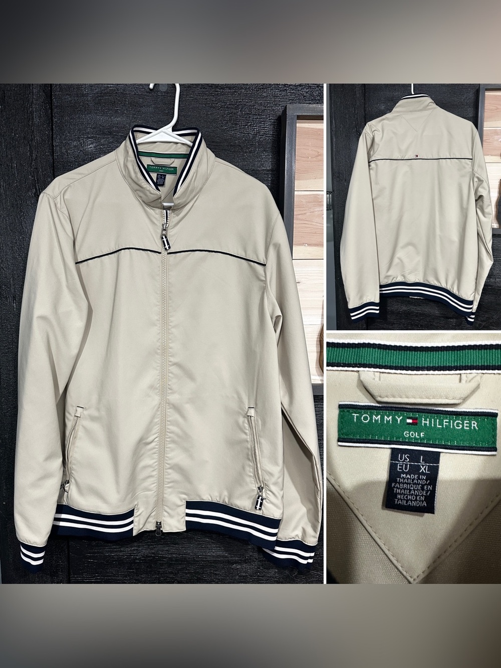 Tommy Hilfiger Men's Light Beige Golf Jacket with Navy Trim